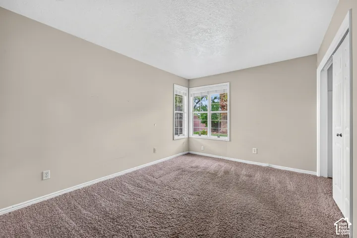 Neutral-toned interior space featuring plush carpeting, corner window configuration with multi-pane windows, and a multi-panel door