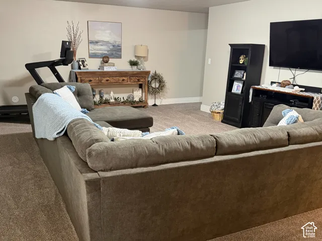 Spacious interior featuring neutral-tone carpeting and dual flush-mount ceiling lighting