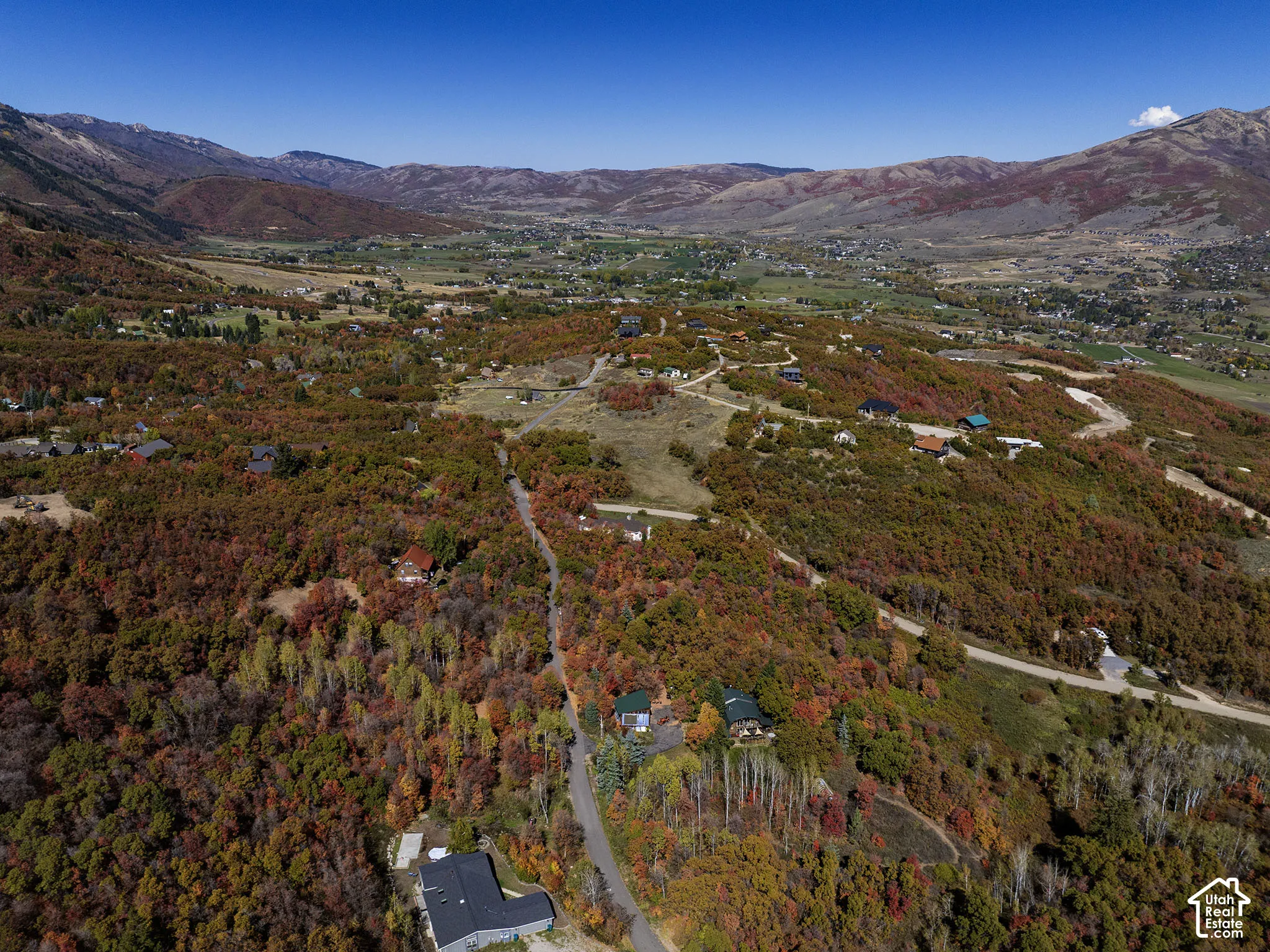 Aerial perspective featuring expansive mountainous terrain, mature deciduous forest foliage, and winding paved roadway infrastructure