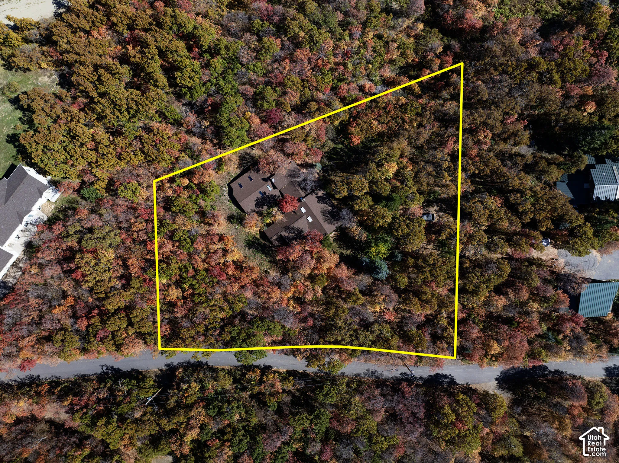 Aerial perspective of a large, irregularly shaped lot featuring dense mature forest canopy and a multi-section roofline structure