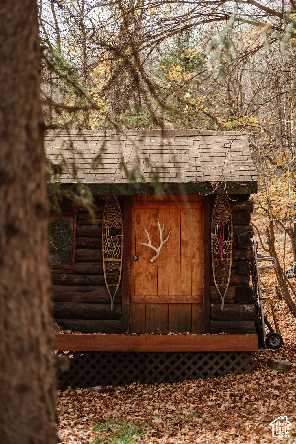Exterior structure featuring natural log siding, a wood door, shingle roofing, and a raised wooden platform base with lattice skirting