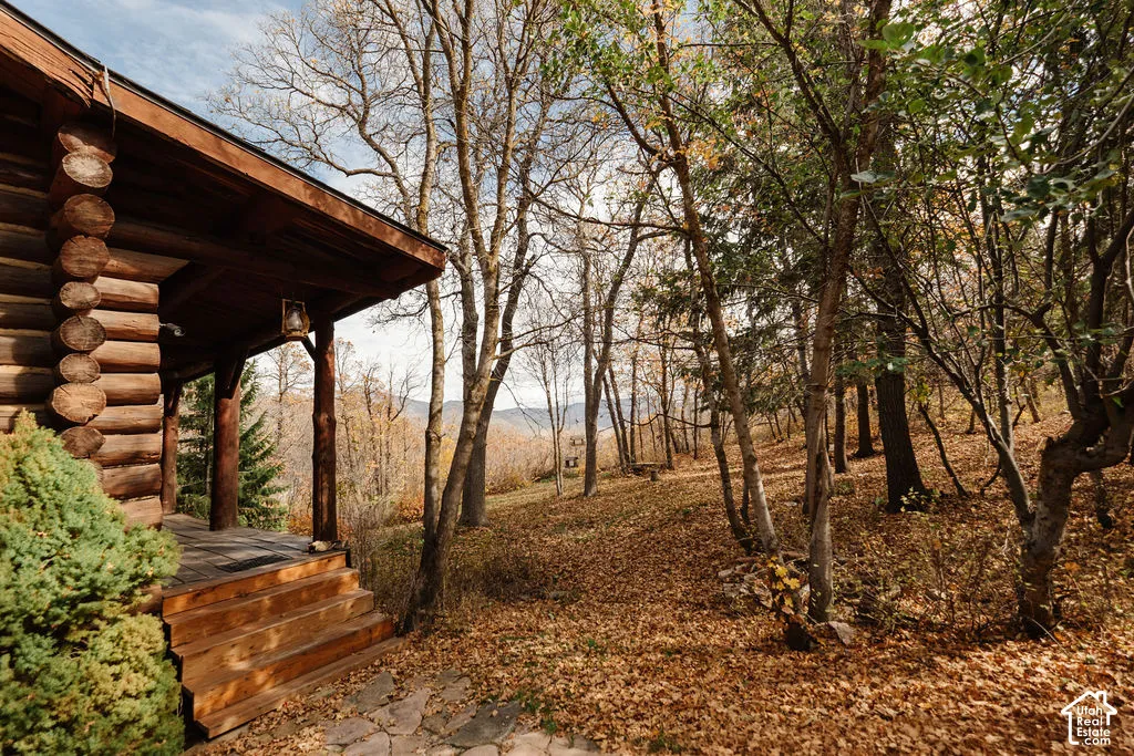 Log cabin exterior featuring a covered porch, wood-stepped entryway, flagstone hardscaping, and a backdrop of mature trees and mountains
