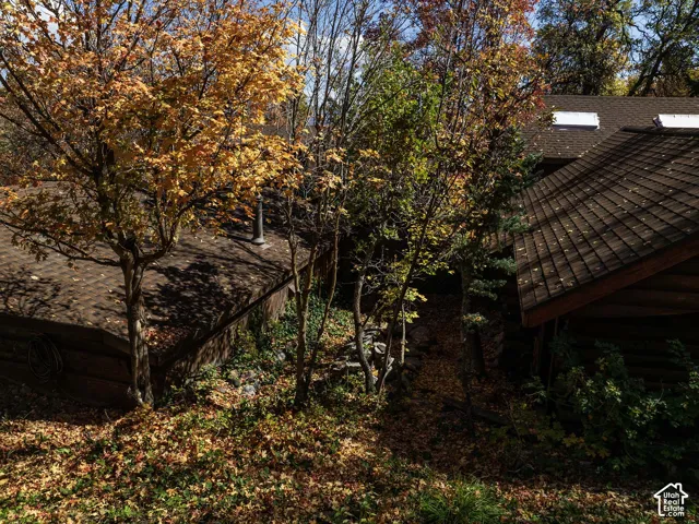 Log-exterior construction featuring shingle roofing, skylights, and mature deciduous trees