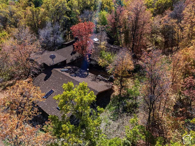 Aerial perspective of a multi-section residence featuring a shingled roof, integrated skylights, and extensive surrounding woodland