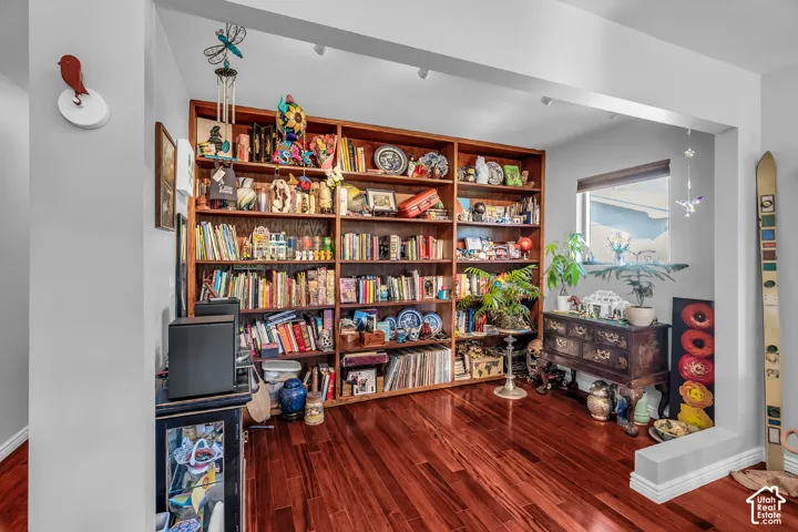 Built-in wood shelving unit with recessed overhead track lighting and wood-finish flooring