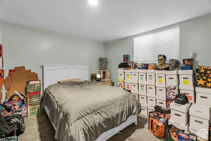 Neutral-toned interior space featuring light-colored wall finish, plush carpeting, and horizontal slat window blinds
