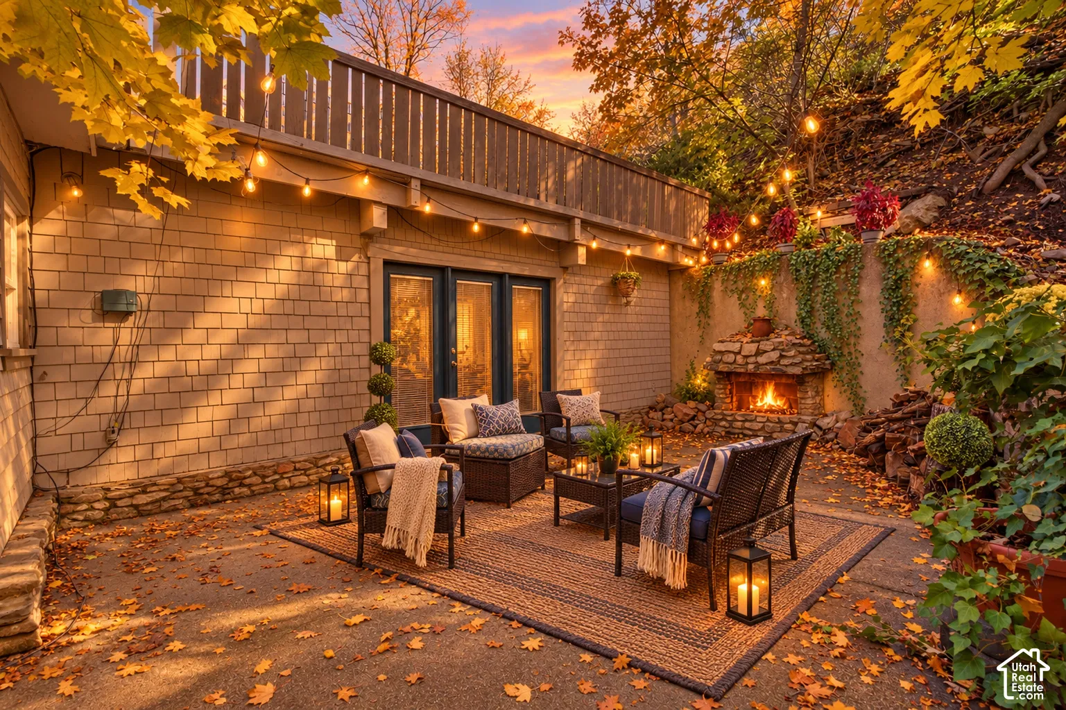 Private stone-paved patio featuring a built-in stone fireplace, tiered retaining walls, and a wooden balcony overhead