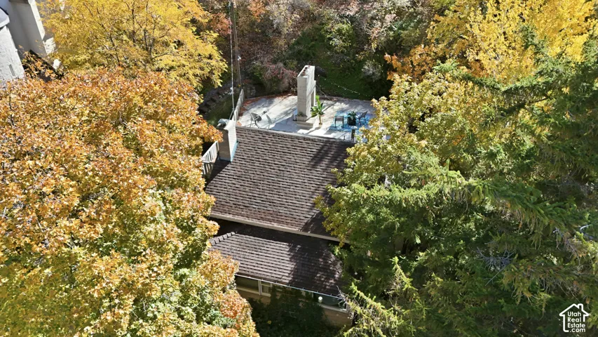 Aerial perspective featuring a multi-level asphalt shingle roof, a spacious concrete patio, and a tall stone-clad exterior fireplace
