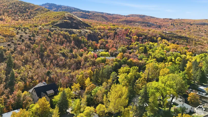 Aerial perspective of a multi-story residence surrounded by dense foliage and rugged mountain terrain