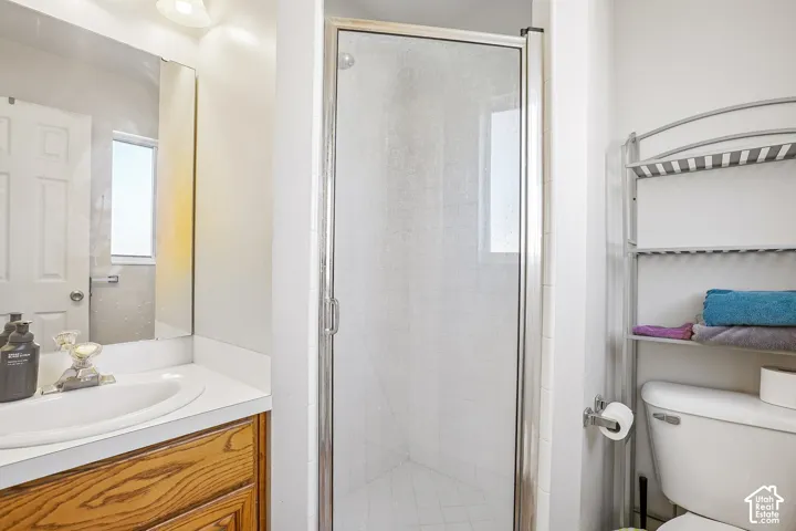 Bathroom featuring a wooden vanity, integrated basin, wall-mounted mirror, and a walk-in shower enclosure with a glass door
