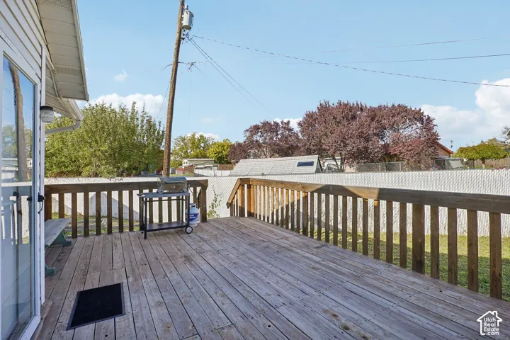 Elevated wood deck featuring a wooden railing and a fenced backyard