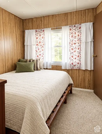 Wood-paneled wall finish, light-toned wall-to-wall carpeting, and a multi-pane window featuring a secure frame