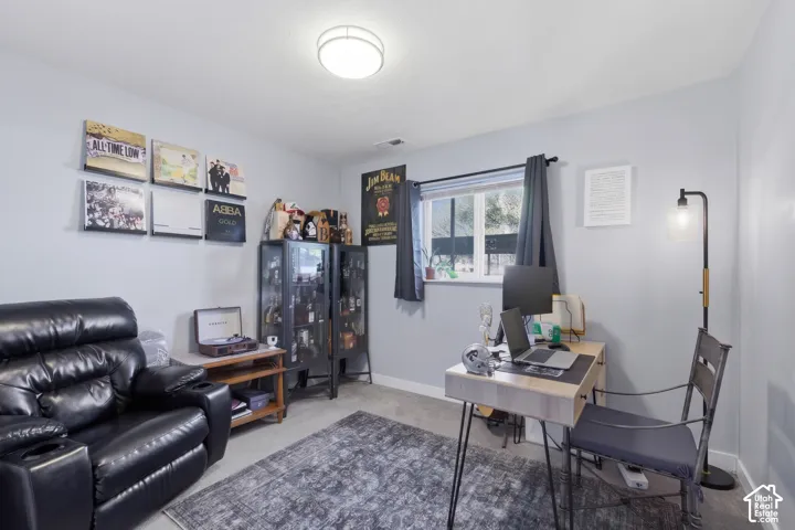 Neutral-toned interior room featuring wall-to-wall carpeting, a multi-pane window with dark trim, and a ceiling-mounted dome light fixture