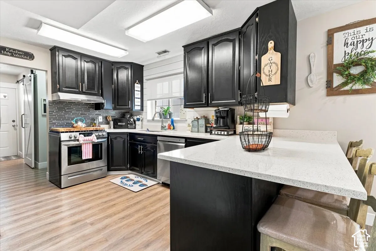 Kitchen featuring black cabinetry, white countertops, stainless steel appliances, a gray tiled backsplash, and wood-finish flooring