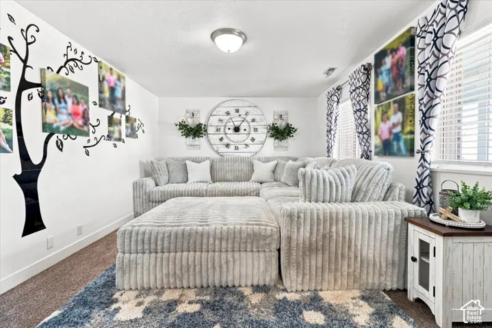 Neutral-toned carpeted flooring, white walls, flush-mount ceiling lighting, and dual windows with horizontal blinds