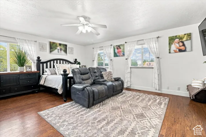 Spacious room featuring wood-finish flooring, dual windows with natural light, and a ceiling-mounted light fixture with fan