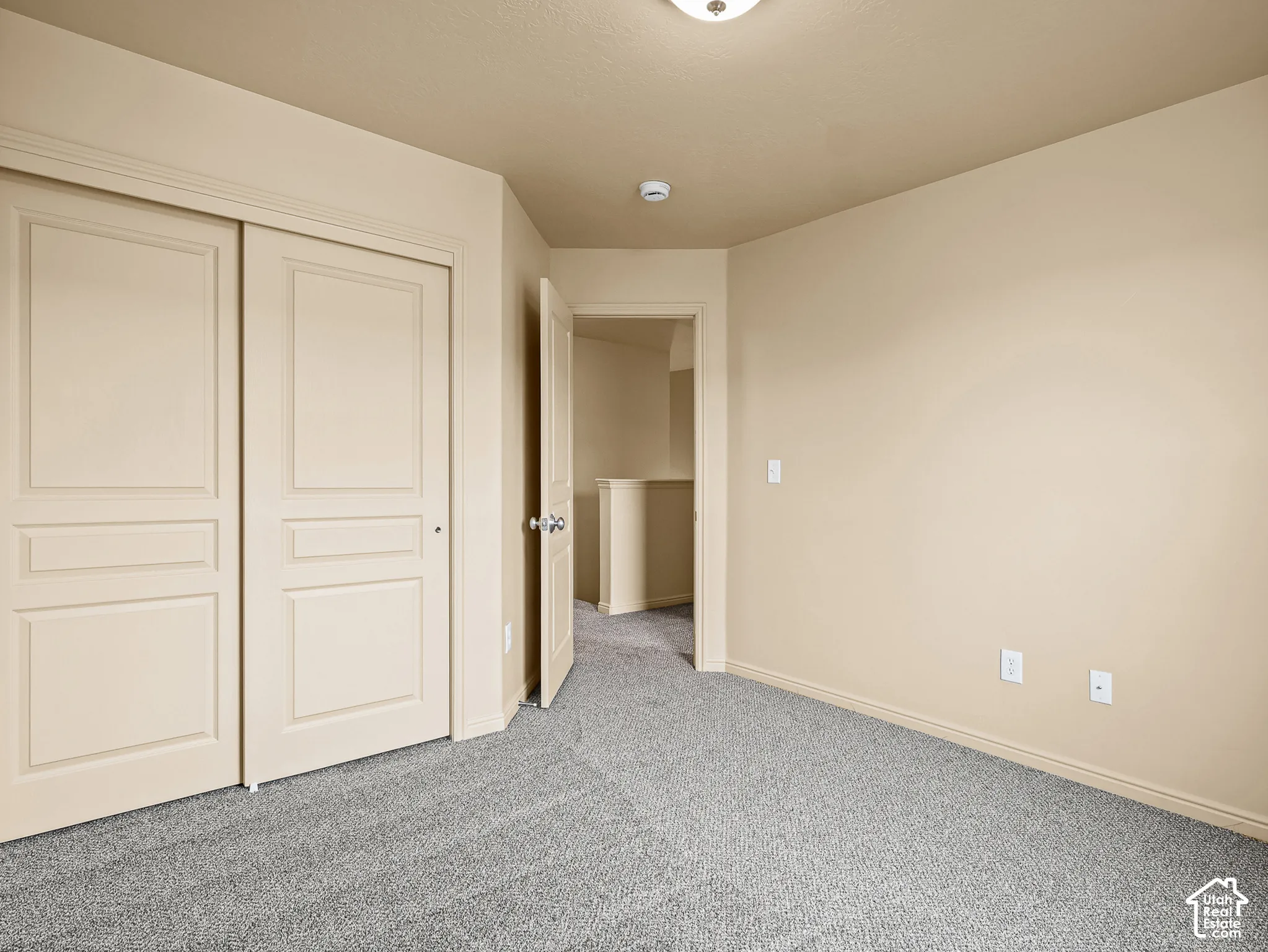 Neutral wall tones, wall-to-wall carpeting, and closet with panel doors