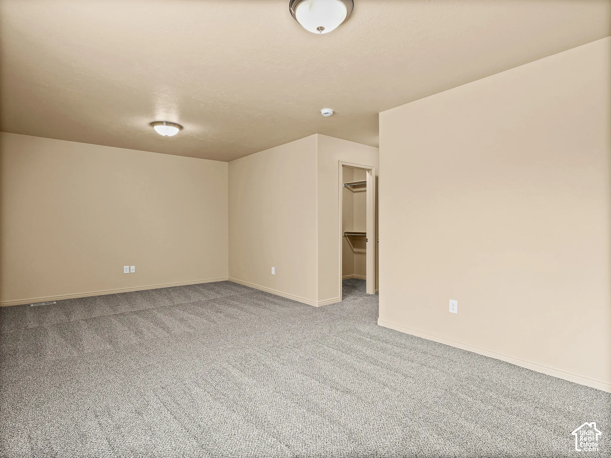 Neutral-toned interior space featuring carpeting, flush-mount ceiling light fixtures, and a walk-in closet with built-in shelving