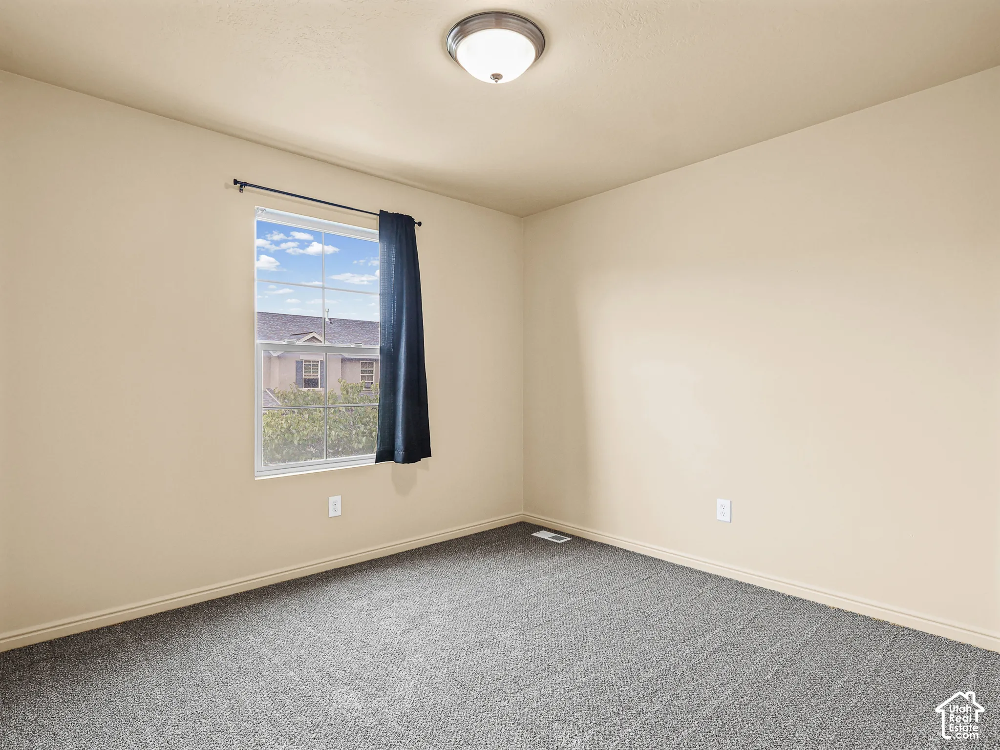 Neutral wall paint, plush carpeting, a single-hung window with a muntin grid, and a central dome-style ceiling light fixture