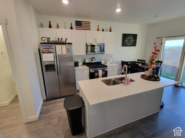 Kitchen featuring white cabinetry, center island with stainless steel dual-basin sink, stainless steel appliances, and wood-finish flooring