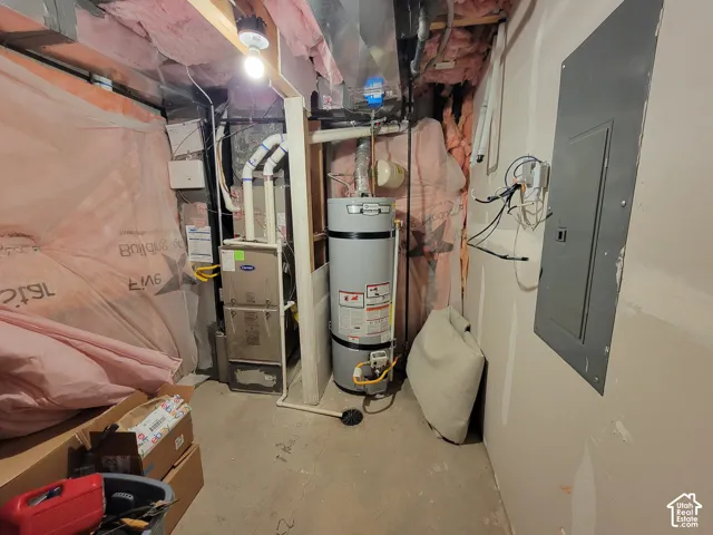 Mechanical utility area featuring a vertical gas furnace, water heater, and electrical service panel