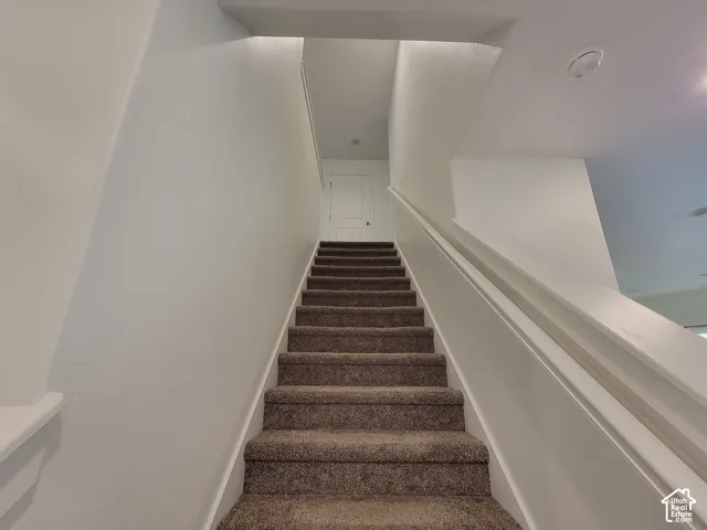Staircase featuring wall-to-wall carpeting, white painted walls, and a matching handrail