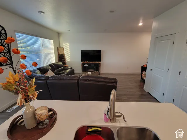 Solid-surface countertop with an undermount dual-basin stainless steel sink and high-arc faucet, complemented by wood-finish flooring and recessed lighting