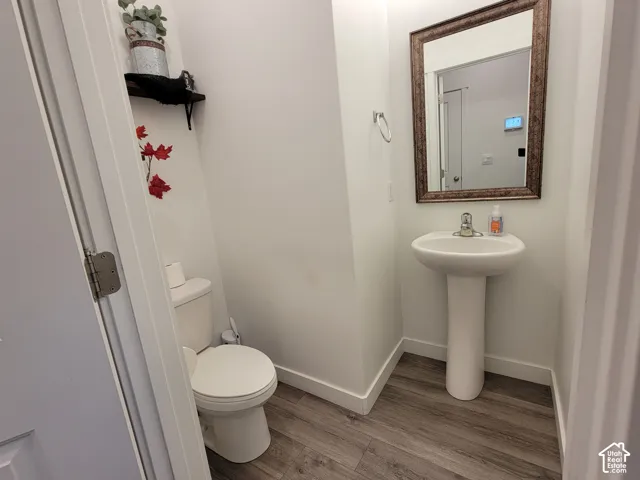 Bathroom featuring a pedestal sink with a single-handle faucet, framed wall mirror, wood-finish flooring, and a porcelain toilet