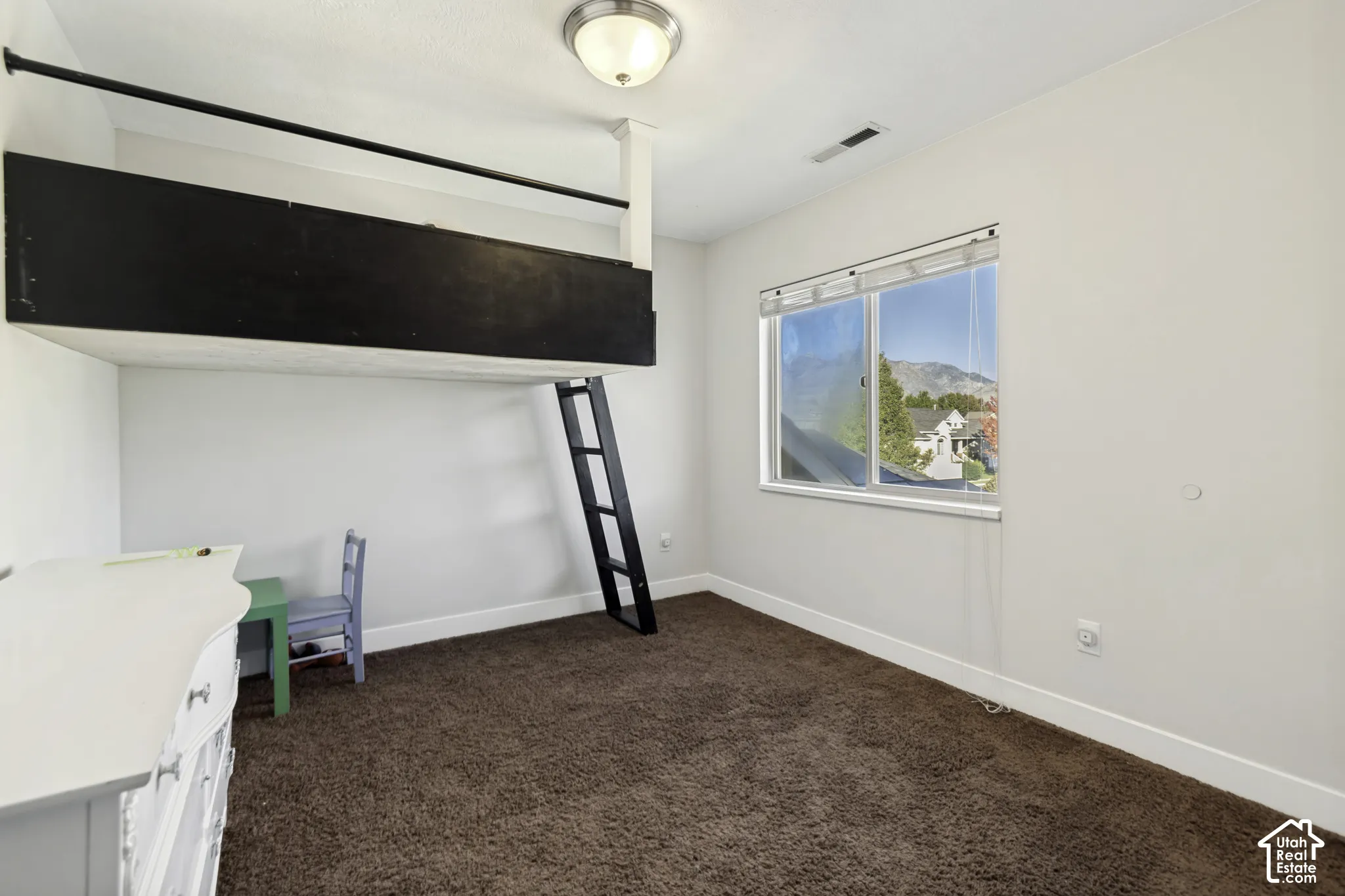 Built-in elevated sleeping platform with integrated ladder, plush carpeting, ceiling-mounted light fixture, and horizontal sliding window with mountain scenery