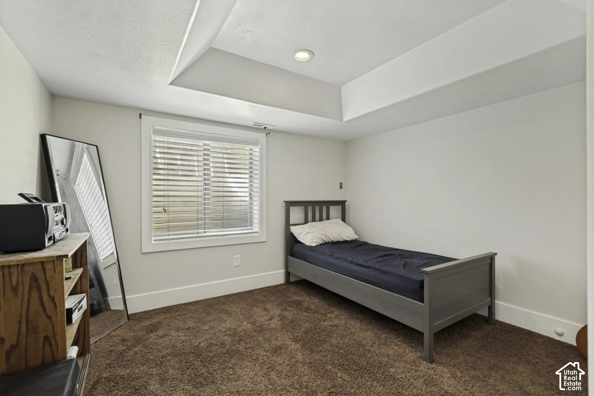 Tray ceiling with recessed lighting and neutral wall finishes, complemented by plush carpeting and a window featuring horizontal blinds