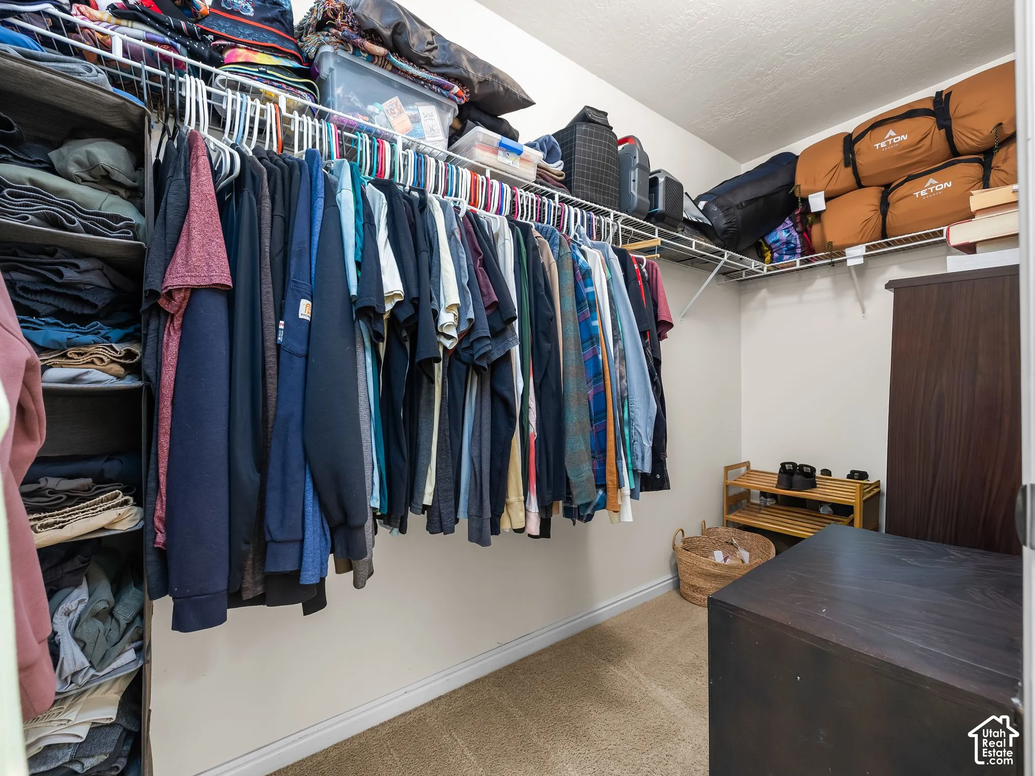 Walk-in closet featuring wire shelving and carpeted flooring