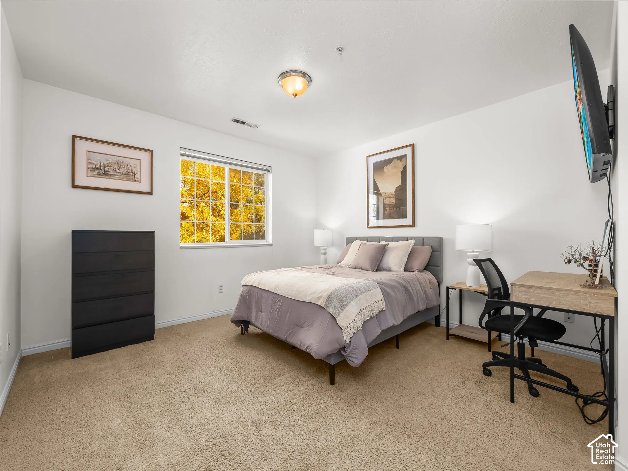 Neutral-toned wall-to-wall carpeting, single-hung window with grid inserts, and flush-mount ceiling light fixture