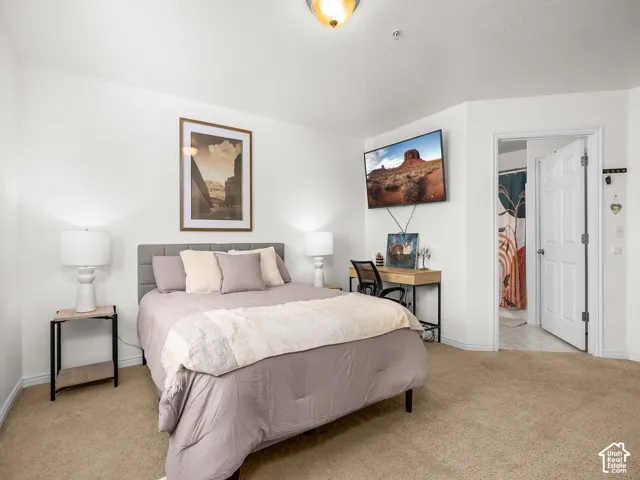 Neutral-toned wall-to-wall carpeting, flush-mount ceiling lighting, and six-panel interior door