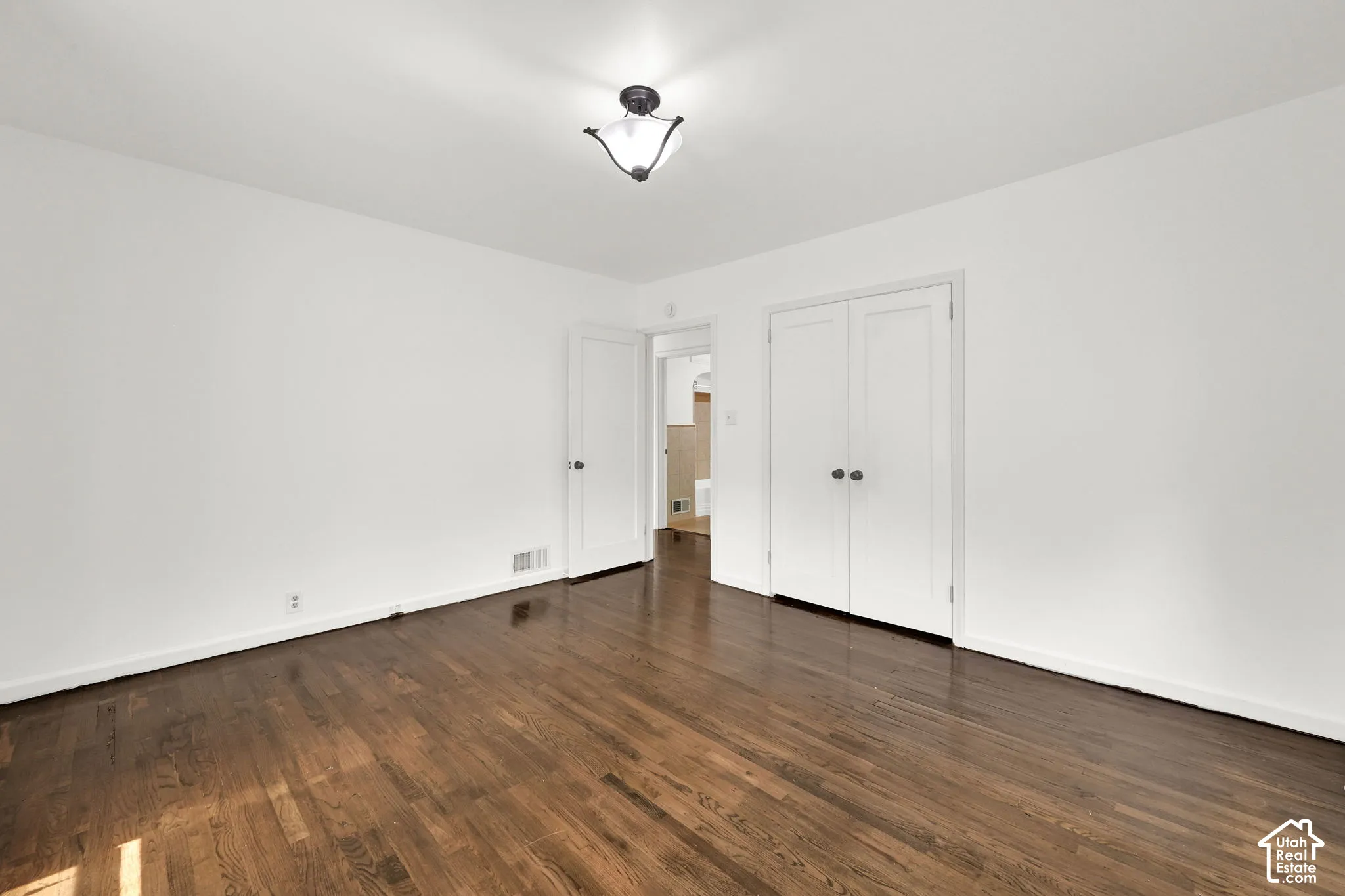 Interior space featuring wood-finish flooring, white walls, double-door closet, and overhead flush-mount lighting