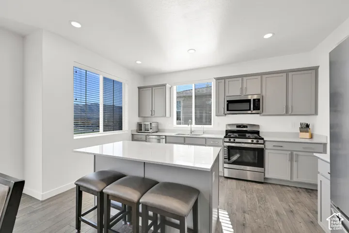 Kitchen featuring gray cabinetry, quartz countertops, a central island, stainless steel appliances, and wood-finish flooring