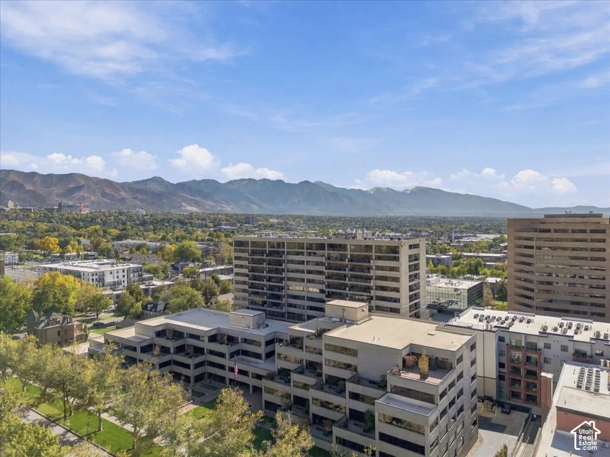 Aerial perspective featuring mid-rise commercial architecture, expansive landscaping with mature trees, and a mountain range backdrop