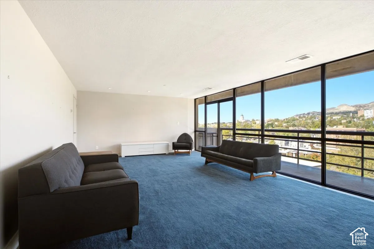 Expansive wall-to-wall windows, floor-to-ceiling glass, black metal window framing, carpeted flooring, and mountain backdrop