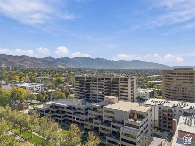 Aerial perspective featuring mid-rise commercial architecture, expansive landscaping with mature trees, and a mountain range backdrop