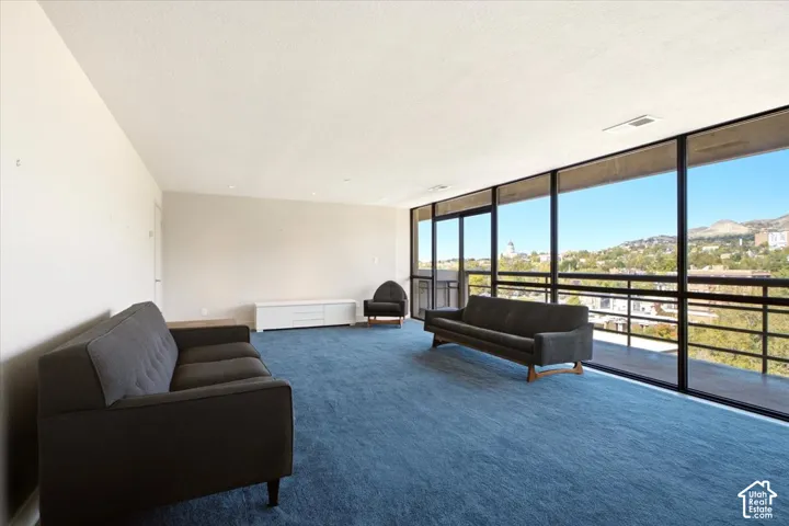 Expansive wall-to-wall windows, floor-to-ceiling glass, black metal window framing, carpeted flooring, and mountain backdrop