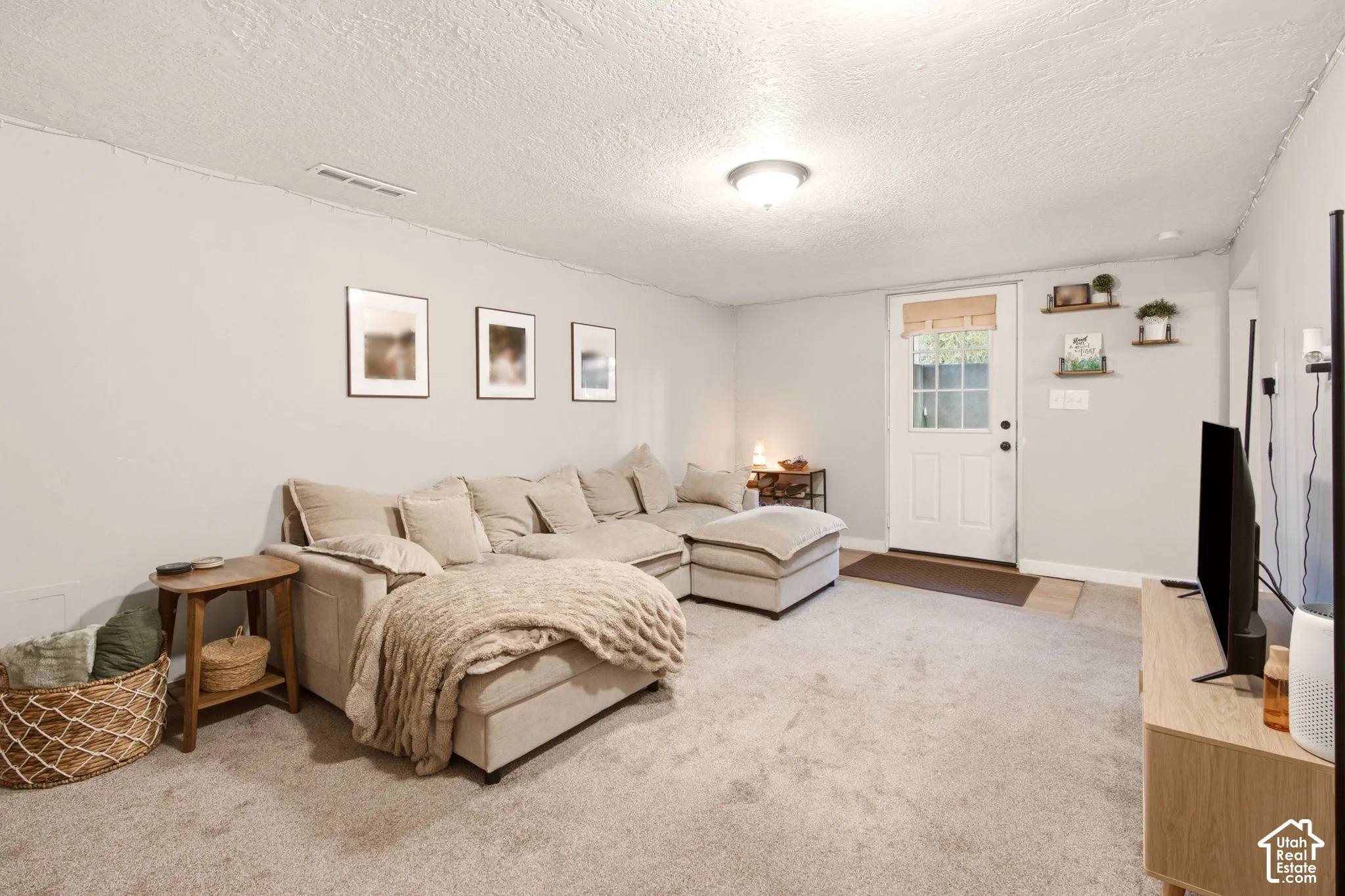 Living area featuring wall-to-wall carpeting, a flush-mount ceiling light fixture, and an exterior door with an inset glass pane
