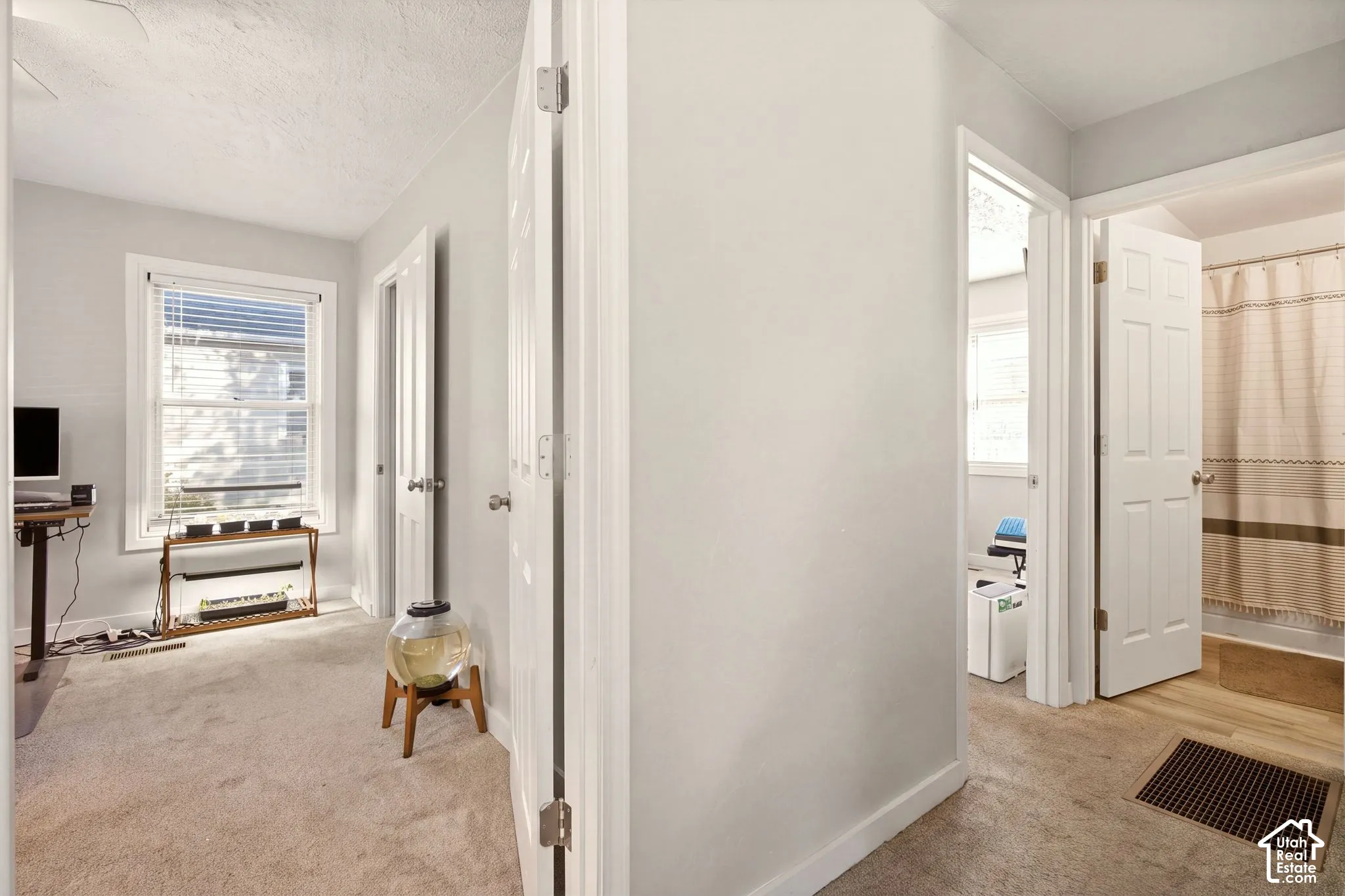 Neutral-toned interior space featuring light-colored wall-to-wall carpeting, white six-panel doors, and a double-hung window with crisp white trim