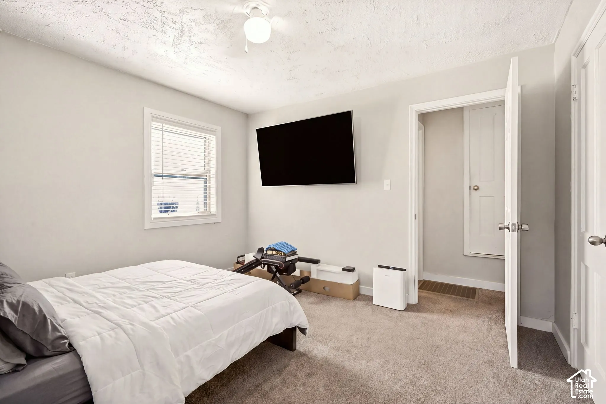 Neutral-toned interior featuring wall-to-wall carpeting, a multi-pane window with installed blinds, a ceiling-mounted light fixture, and a built-in closet