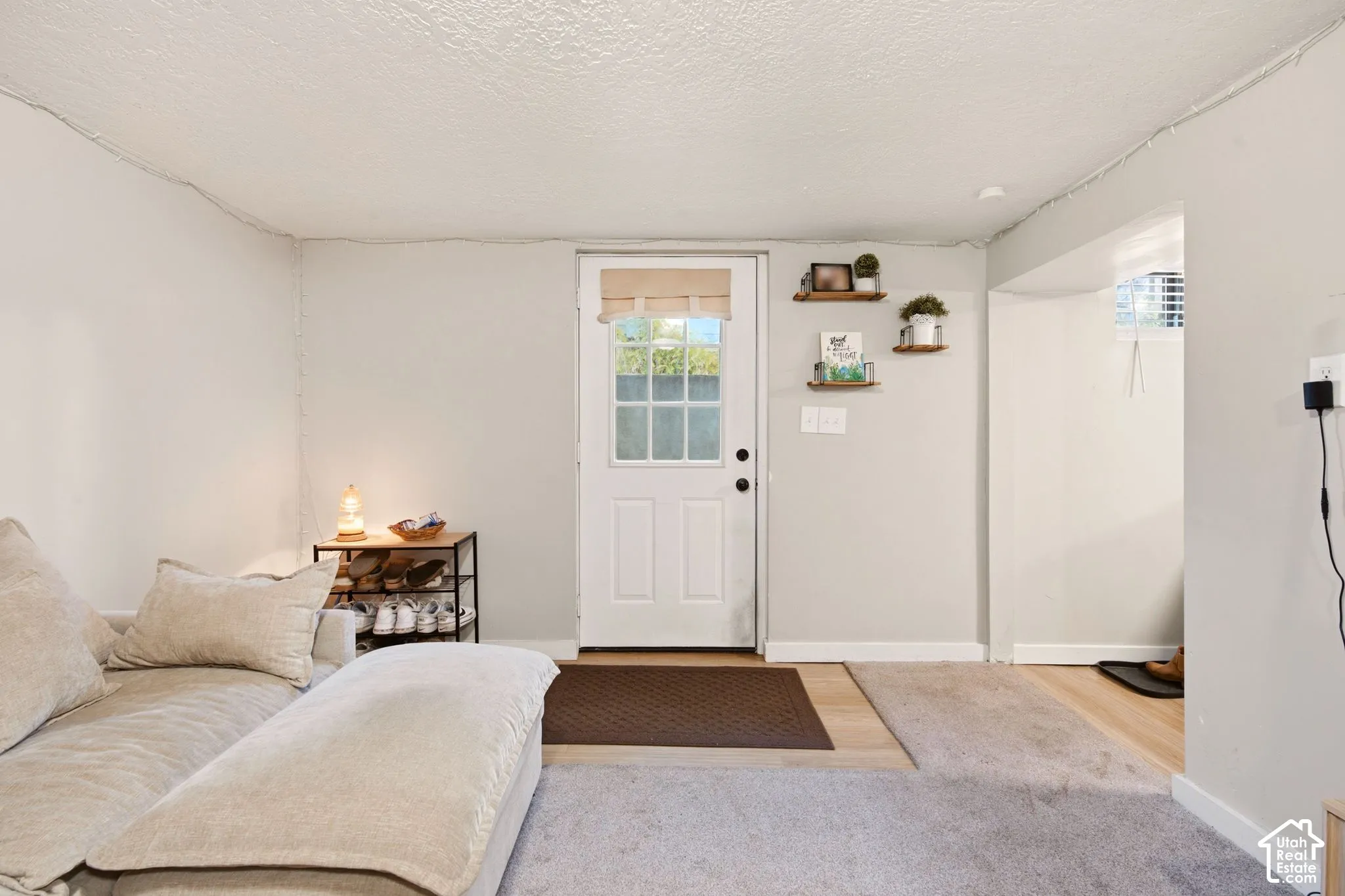 Exterior door featuring a six-lite glass panel with light-toned wall finishes and wood-finish flooring