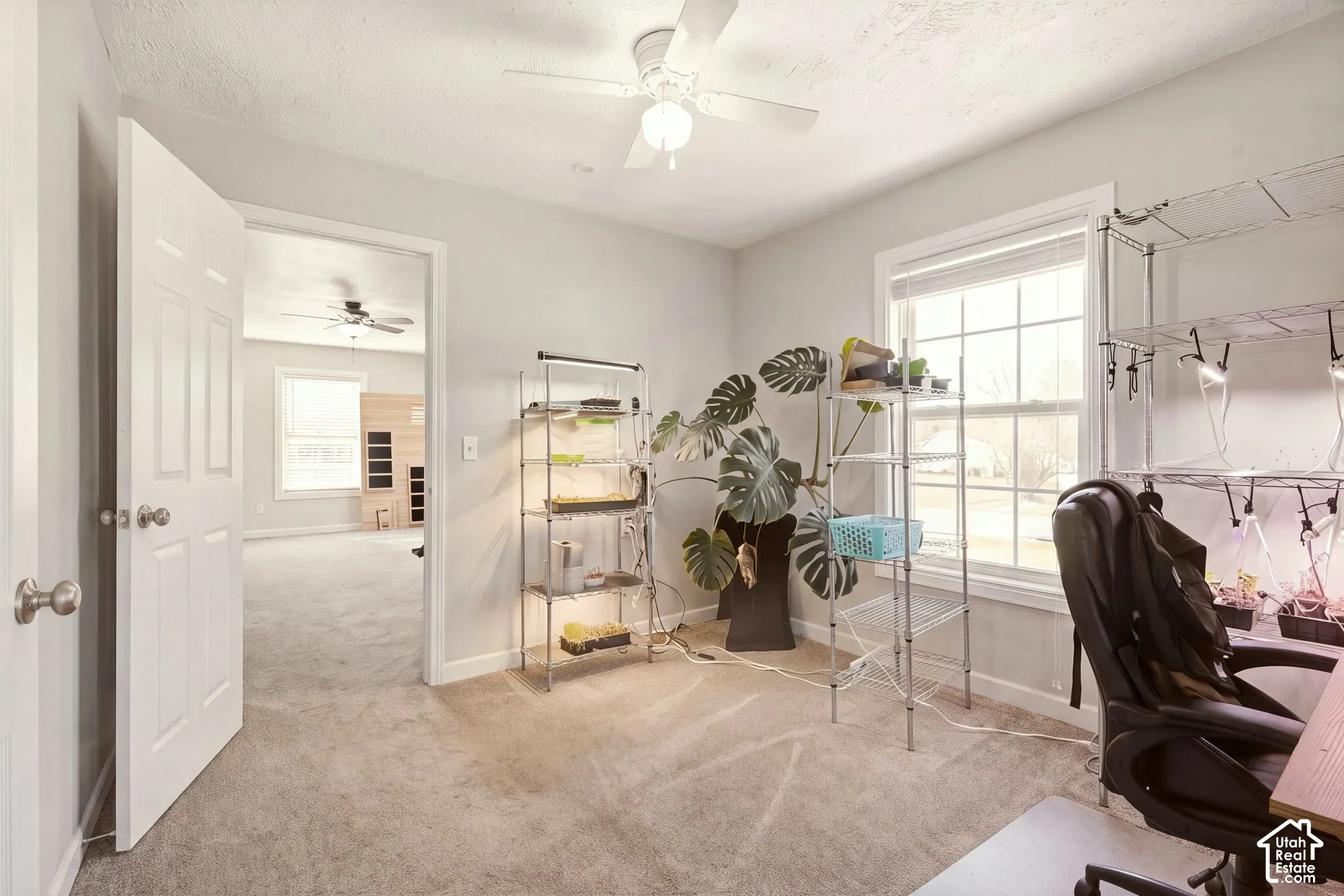 Interior room featuring neutral wall paint, wall-to-wall carpeting, a multi-blade ceiling fan with an integrated light fixture, and a single-hung window with blinds