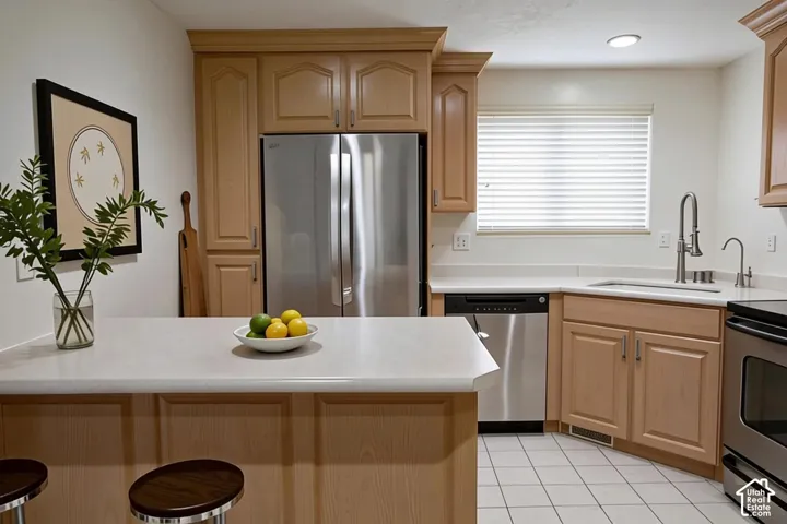Kitchen featuring light wood cabinetry, white countertops, stainless steel appliances, a high-arc faucet, and tiled flooring