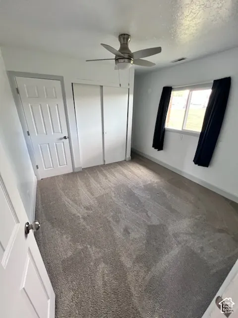 Room featuring neutral-toned carpeting, sliding closet doors, a brushed-nickel ceiling fan, and a single-hung window
