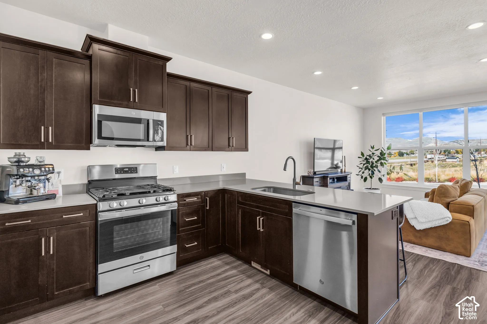 Kitchen featuring dark wood cabinetry, quartz countertops, stainless steel appliances, a single-basin undermount sink with a pull-down faucet, and wood-finish flooring