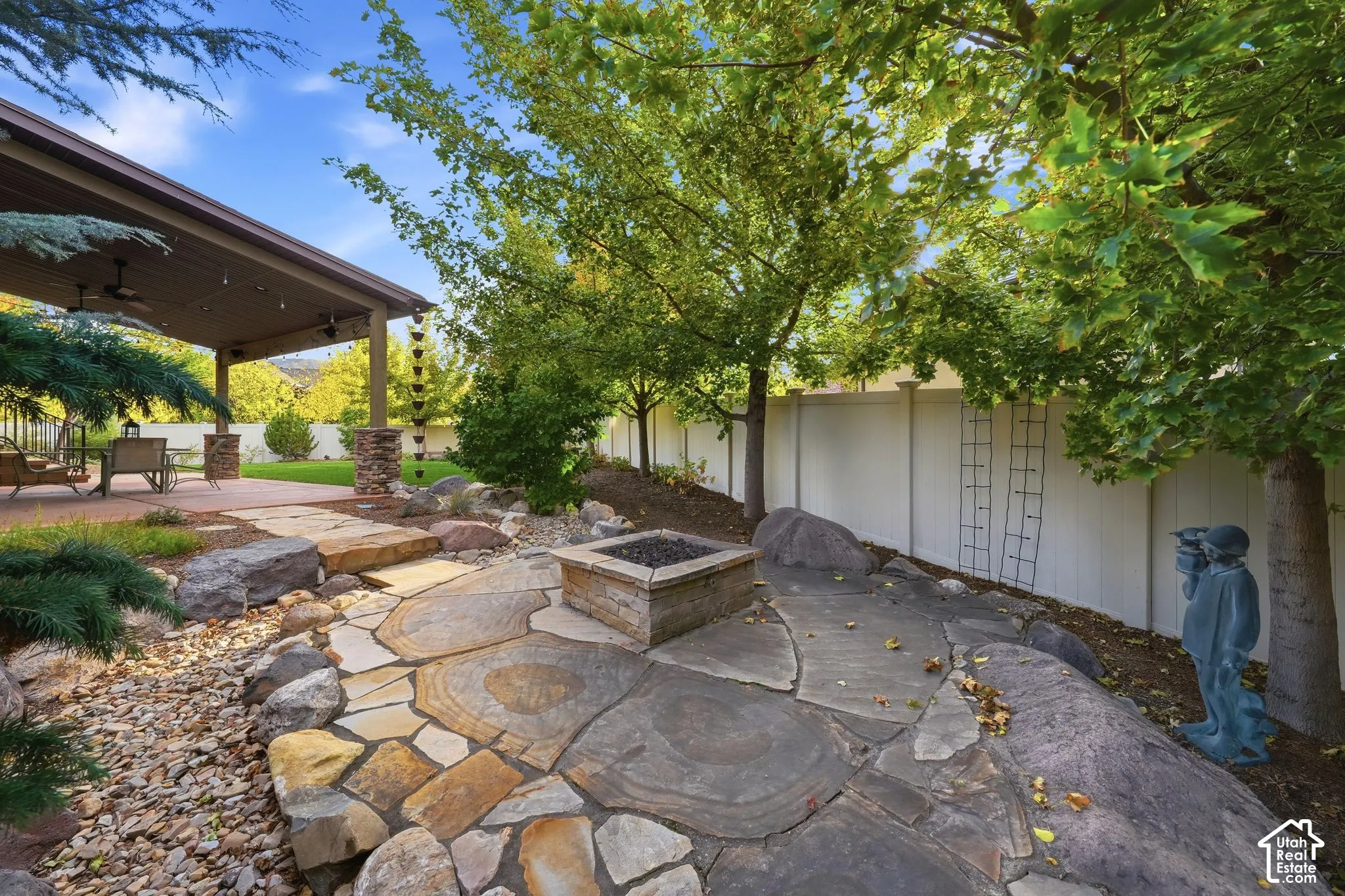 Backyard space featuring a covered patio, flagstone hardscaping, built-in stone fire pit, and privacy fencing