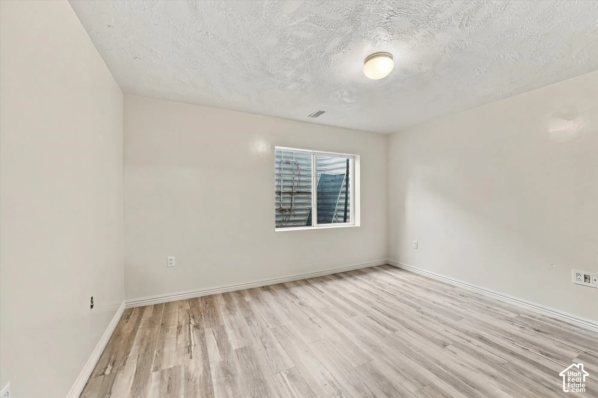 Neutral-toned interior room featuring wood-finish flooring, a flush-mount ceiling light fixture, and a window with an external window well