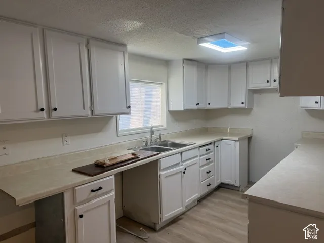Kitchen featuring white cabinetry, light-toned laminate countertops, a dual-basin stainless steel sink, and wood-finish flooring